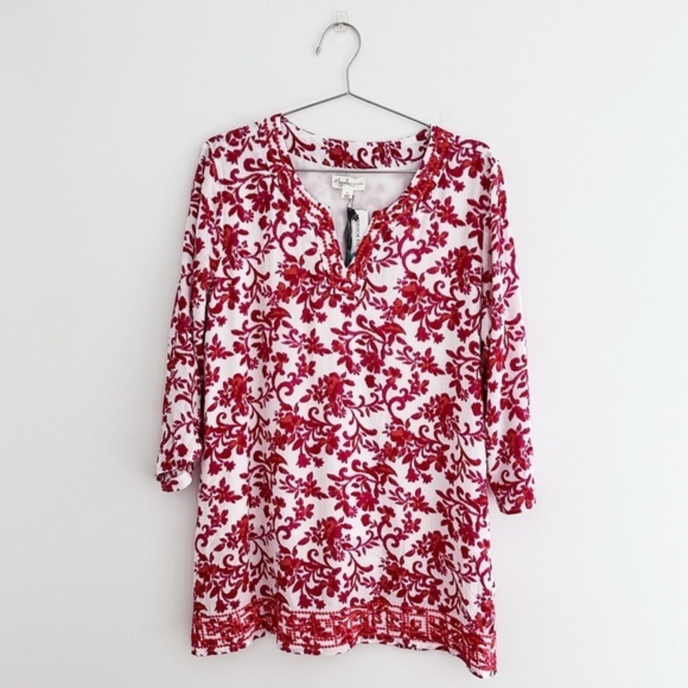 Magnolia Grace Beline Floral Tunic Top Size Large Embroidered Boho Resortwear
